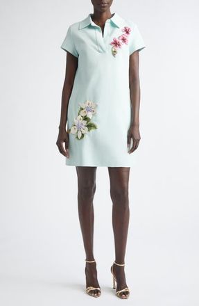 Oscar De La Renta Embroidered Appliqu&eacute; Stretch Wool Polo Dress in Saltwater at Nordstrom, Size 6