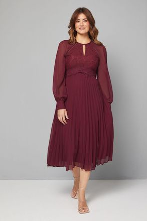 Wallis Womens Occasion Lace Insert Pleated Midi Dress - Wine Polyamide - Size 10 UK