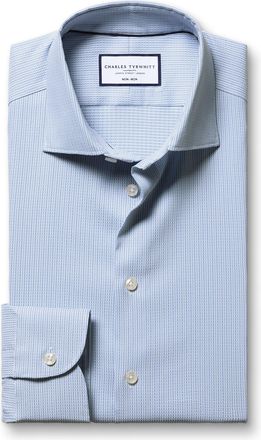 CHARLES TYRWHITT Non-Iron Performance Texture Cotton Shirt - Blue Single Cuff Size 15.5/33 by Charles Tyrwhitt