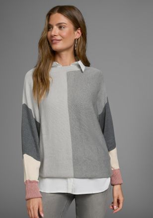 Boysen's Rundhalspullover BOYSENS, Damen, Gr. 36/38, grau (wollwei&szlig;, grau, altrosa), Strick, Obermaterial: 50% Baumwolle, 50% Polyacryl, colorblocking, weit h&uuml;