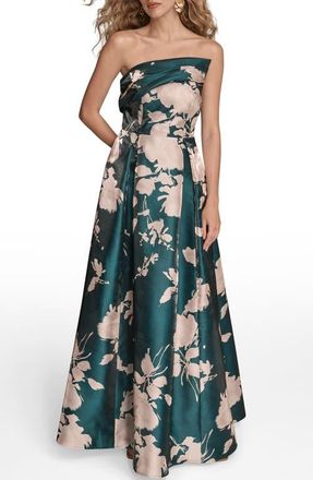 DKNY Floral Print Strapless Satin Gown in Hudson/Sand Multi at Nordstrom, Size 16