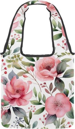 Generic Pink Flowers with Leaves Reversible Canvas Shoulder Tote - Double-Sided Print, 12oz Cotton, 27cm Drop, Fold-Flat Bag for Travel, Shopping, Street Outi