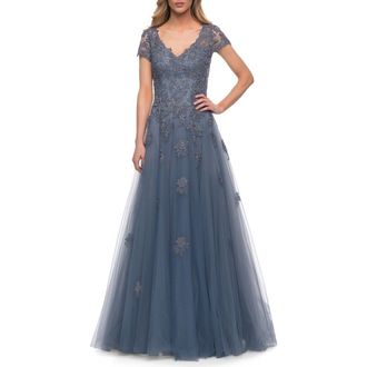 La Femme Tulle A Line Gown with Lace Applique and V Neck in Slate at Nordstrom, Size 14