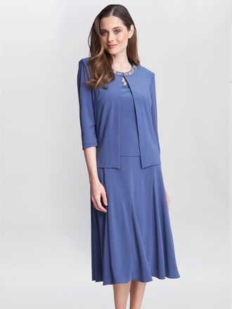 Gina Bacconi Womens Delores Jersey Midi A-Line Jacket Dress - Blue - Size 12 UK