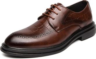 Generic Dress Shoes for Men Lace Up Apron Toe Burnished Toe Crocodile Embossed Derby Shoes Non Slip Rubber Sole Slip Resistant Party(Brown,5.5 UK)