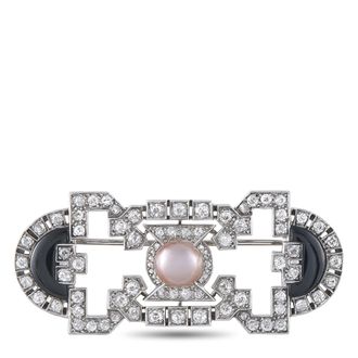 Luxury Bazaar Platinum 1.50ct Diamond, Onyx, and Pearl Art Deco Brooch MF06-080426