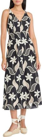 Maggy London Embroidered Sleeveless Cotton Midi Dress in Black/Cream at Nordstrom, Size 14