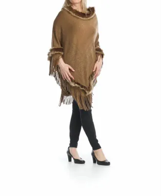 Papillon Fur Trimmed Poncho In Brown