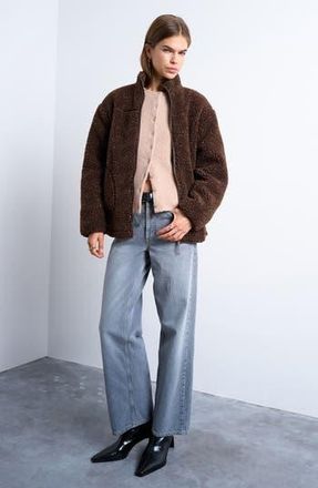 Topshop Oversize Fleece Jacket in Dark Brown Multi at Nordstrom Rack, Size Medium