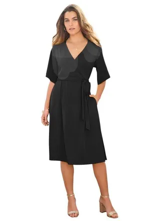 Roaman's Plus Size Short Sleeve Wrap Fit And Flare Dress in Black at Nordstrom, Size 36