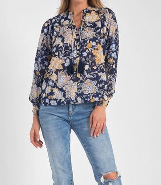 Elan Botanical Blouse In Blue