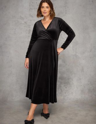 Live Unlimited London Womens Black Velvet Long Sleeve Wrap Dress - Size: 18