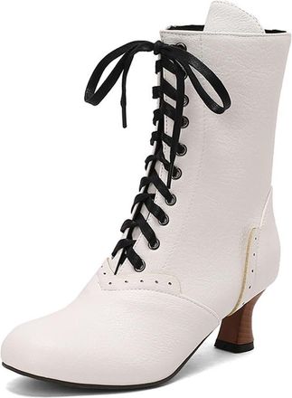 Generic Eestfy Womens Victorian Style Mid Calf Leather Lace Up Boots Kitten Heel Steampunk Party Dress Boots,White,6.5 UK