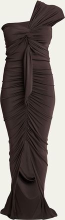 Balmain One-Shoulder Twisted Jersey Slit Gown