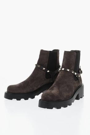 Valentino Stivaletti Chelsea in Suede con Cinturino Borchiato Valentino