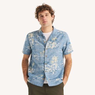 Nautica Mens Printed Short-Sleeve Linen Camp Shirt