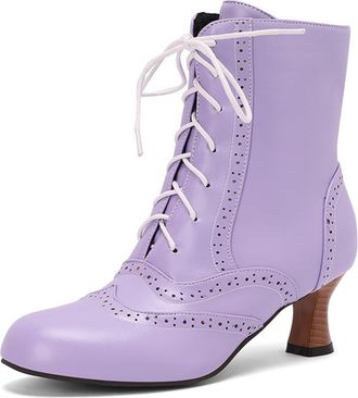 Generic Womens Round Toe PU Leather Short Boots Kitten Heel Vintage Victorian Boot Lace Up Ankle Boots with Side Zipper,Purple,10.5 UK