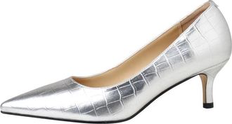 TinaCus Womens Patent Leather Handmade Pointed Toe Simple Embossing Slip On Office Kitten Heel Pumps Shoes, Silver Heel 3.15, 4 UK