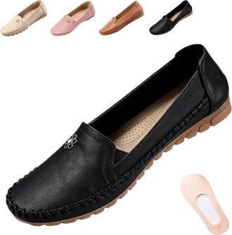 Generic Stylish Orthopedic Leather Shoes All-Day Comfort for Women - Casual Lightweight Slip on Stitched Flat-Soled with Flower (Black,5.5)