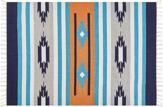 Beliani Alfombra Kilim De Algod&oacute;n Azul Gris Naranja 200 X 300 Cm A Mano Geom&eacute;trico Borlas Noratus