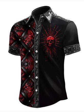 Generic 2025 Halloween Gothic Dark Shirts for Men, Regular Fit Casual Button-Down Travel Shirt, Beach Shirt (Black, XXXXL)