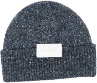 Brunello Cucinelli Blauwe Gespikkelde Wollen Beanie Muts - Heren - Hoeden - Blauw - L - Wol - Accessoires