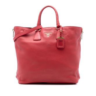 Prada Red Vitello Daino Side Zip Shopper Tote