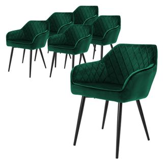 ML Design Ml-design Set 6x Sillas De Comedor Verde Oscuro Estilo Moderno Asiento Tapizado De Terciopelo Patas De Metal Negras Con Respaldo Y Apoyabrazos Sill&oacute;n 
