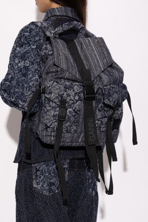 Ganni Floral Motif Backpack, Womens, Navy Blue