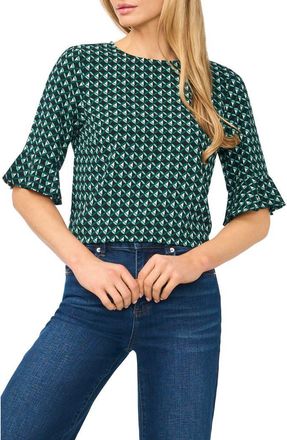 CeCe by Cynthia Steffe Geo Print Ruffle Cuff Top in Deep Spruce at Nordstrom, Size Xx-Small