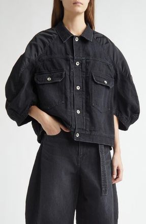 sacai Denim & Nylon Mixed Media Jacket in Black at Nordstrom, Size 4