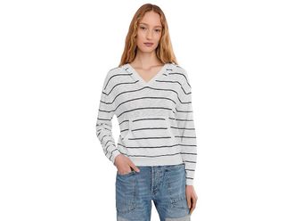 Mod-o-doc Long Sleeve Striped Hoodie Sweater Womens Clothing White/Vibrant Navy : LG (US 12-14), Cotton/Viscose