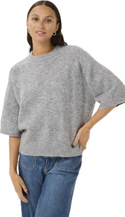 Kaffe Womens Pullover Round Neck Regular Fit Hole Knit Half Sleeves Hip Length, Grey Mix, M