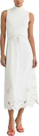 Reiss Phoenix Rib Knit Mix Broderie Midi Dress