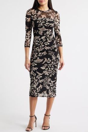 Anne Klein Floral Side Ruched Mesh Midi Dress in Anne Black Multi at Nordstrom Rack, Size X-Small