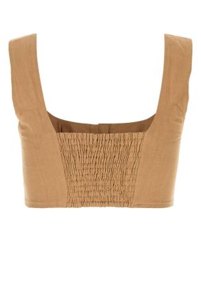 Le Kasha Womens Camel Linen Jirja Crop-Top Sand Exterior: Lining: Maglie Sweater