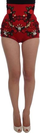 Dolce & Gabbana Zijden Kristallen Rozen Hoge Taille Shorts - Dames - Bermuda - Rood - S - Korte Broeken
