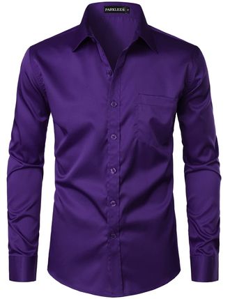PARKLEES Mens Urban Stylish Casual Business Slim Fit Long Sleeve Button Up Dress Shirt with Pocket EU-PZLCL29 Purple XXX-Large