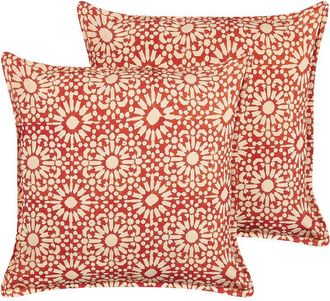 Beliani Set of 2 Decorative Cushions CEIBA Cotton 45 x 45 cm Red Geometric Pattern