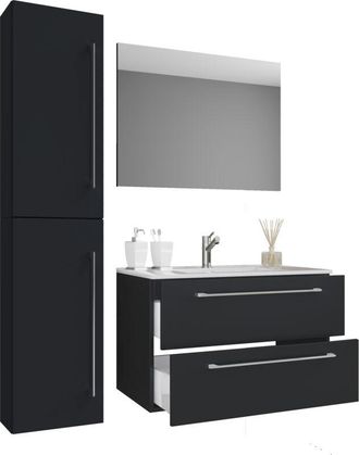 ebuy24 Ebuy24 - Vcm 4 Piezas Lavabo Lavabo Gabinete Inferior Ancho 80 Cm Muebles De Ba&ntilde;o Conjunto Con Cajones Espejo De Puertas Giratorias Badinos (sonoma Oa