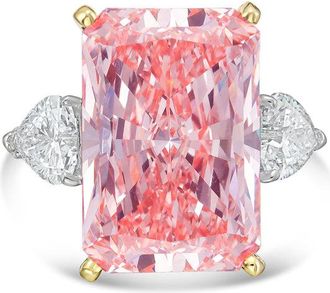 Diana M. Jewels 18kt Yellow gold Lab grown 12ct Fancy pink radiant diamond ring with heart diamonds on the side and micropave band