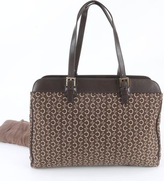 Celine Dark Brown Leather Canvas Handbag Shoulder Bag Tote Bag (Pre-Owned)