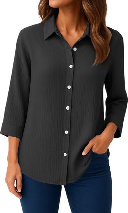 Generic Womens Shirts 3/4 Length Sleeve Linen Vertical Texture Blouses for Women UK Dressy Casual Going Out Tops Curved Hem Relaxed Fit Office Work Tops Butto