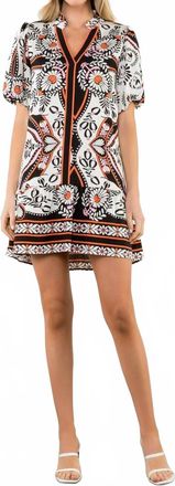 THML Clothing Puff Sleeve Tier Dress In Orange/black/pink