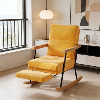 OEM Sill&oacute;n Mecedora Escandinavo Pocketpop 1 Plaza - Amarillo Marr&oacute;n, Lino, Madera Maciza Y Metal