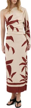 Mango Leaf Print Ruched One Shoulder Midi Dress in Beige at Nordstrom, Size 4