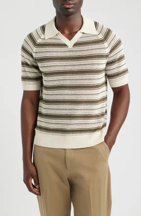 Nn.07 Cale 60056 Stripe Johnny Collar Linen Blend Polo Sweater in Ivory Stripe at Nordstrom, Size Xx-Large