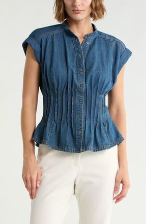 Current Elliott Pleated Fitted Cotton Denim Top in Medium Wash at Nordstrom Rack, Size X-Small