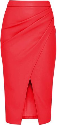 Generic Women Pu Leather Skirt Wrap Hip Sexy Wrinkles Tight Pencil Skirt High Waisted-A-Line Casual Zipper Faux Leather Skirts Front Slit Party Outfits for Wo