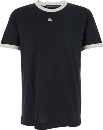 Dolce & Gabbana Black Crewneck T-Shirt With Logo Embroidery On The Front In Cotton Man